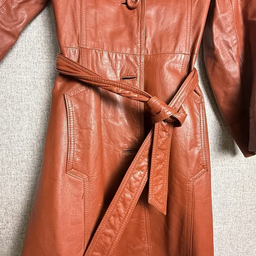 Vintage 70s Rust Brown Orange Leather Full Length Trench Coat Made Korea SMALL - Picture 3 of 16